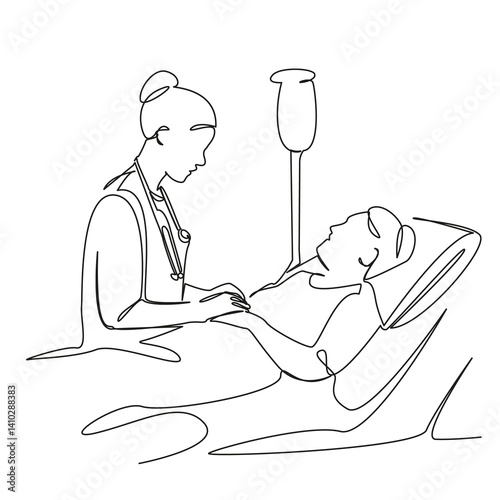 One continuous single drawing line art flat doodle patient, medical, hospital, illness, doctor, bed, aged. Isolated image hand draw contour on a white background, hand drawn, not AI