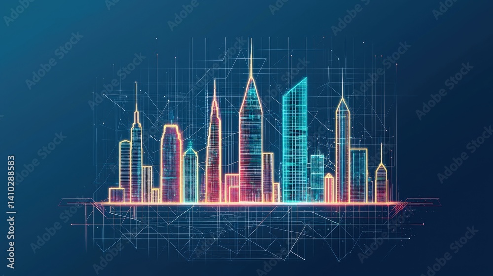Obraz premium A vibrant digital skyline illustration showcasing futuristic buildings with neon outlines against a dark background.