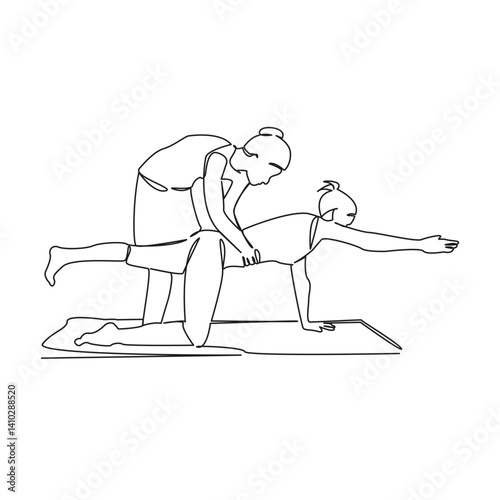 One continuous single drawing line art flat doodle yoga, fitness, trainer, instructor, sport, stretching, workout. Isolated image hand draw contour on a white background, hand drawn, not AI