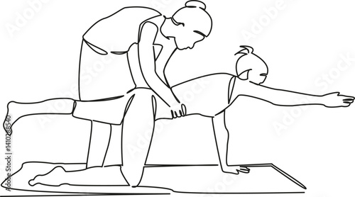 One continuous single drawing line art flat doodle yoga, fitness, trainer, instructor, sport, stretching, workout. Isolated image hand draw contour on a white background, hand drawn, not AI