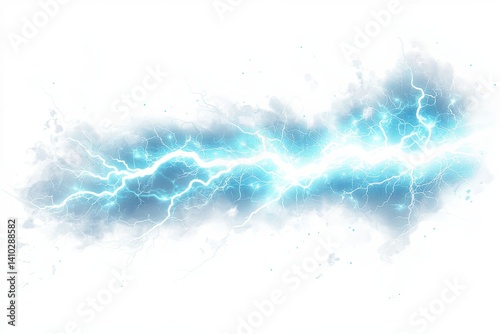 A cyan lightning bolt strike with cloudy and particle-like effects on a white background