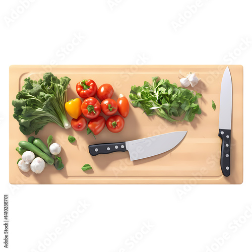 Fresh vegetables and kitchen knives on a wooden cutting board for healthy meal preparation guide on transparent background