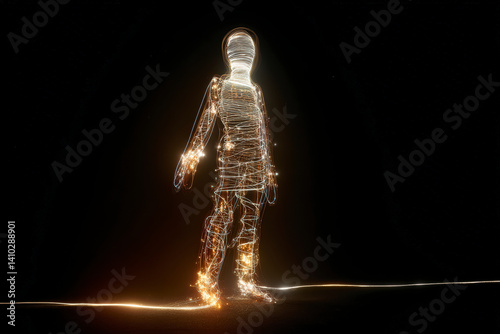 Soft glowing robot walking in empty landscape. AI-generated poetic visual metaphor of exile, memory, and digital loneliness in posthuman existence.