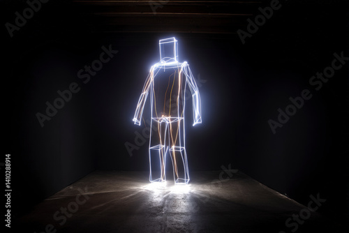 Bright luminous humanoid walking in darkness. AI-generated visual metaphor of technological awakening, digital transcendence and future solitude.