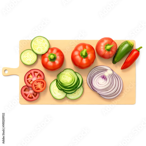 Fresh produce on a wooden board: tomatoes, cucumbers, onions, and peppers for cooking and salad on transparent background