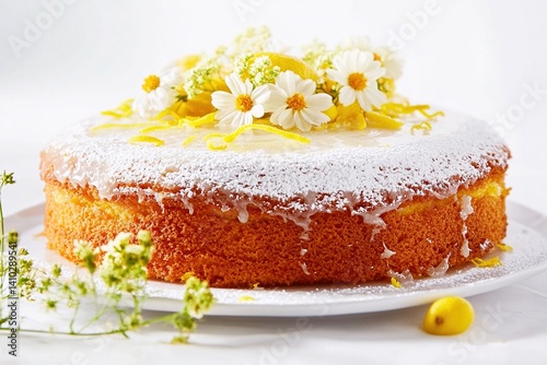 Delicious lemon cake decorated with white flowers and powdered sugar on a white plate