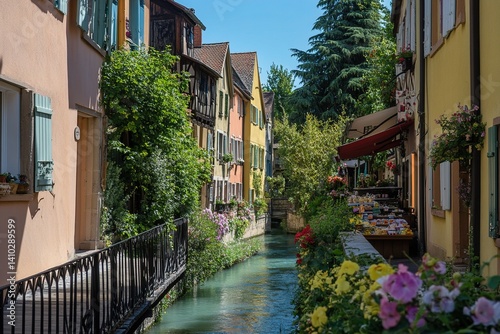 Charming canal town view with colorful buildings and lush greenery