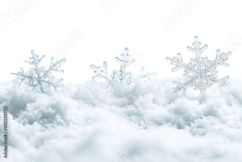 Three snowflakes rest on fluffy snow, showcasing winter's icy beauty against a clean white background