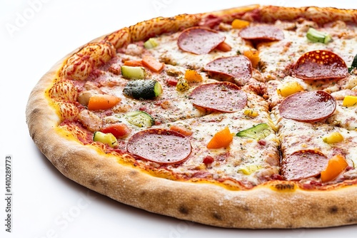 Pepperoni pizza with colorful veggies, fresh and hot from the oven. Mouth-watering view of a delicious dish