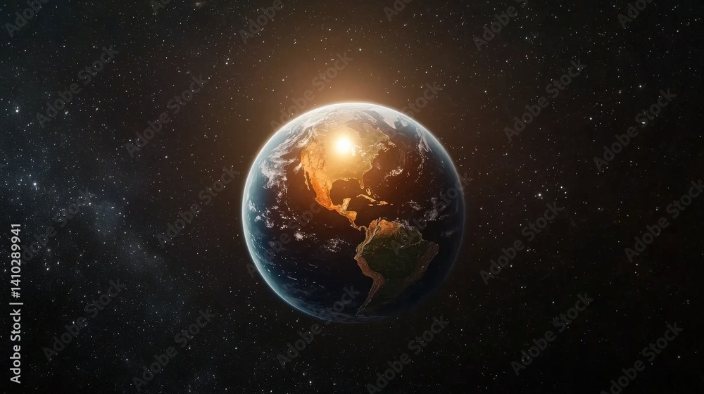 Obraz premium A stunning view of Earth from space, showcasing continents illuminated by sunlight against the backdrop of the cosmos.