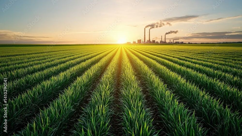 A vibrant agricultural landscape with rows of crops under a sunset, juxtaposed with industrial buildings emitting smoke in the background. A vibrant agricultural landscape with rows of crops under a sunset, juxtaposed with industrial buildings emitting smoke in the background.