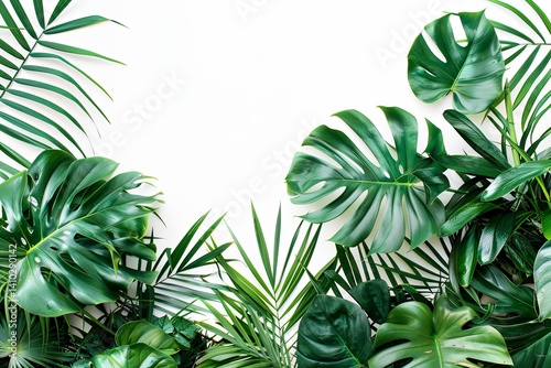 Tropical foliage. Green monstera and palm leaves frame white backdrop. Nature's vibrant beauty