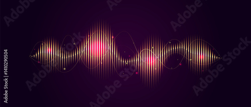 Golden sound wave on dark background, AI voice assistant visualization, Sound wave equalizer, Vector illustration.