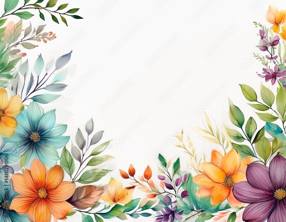 Obraz premium white background with border of flowers and leaves drawn in watercolor style flower illustration with space to write copyright