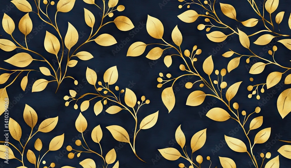 Elegant gold leaf and berry pattern on a dark blue background Elegant gold leaf and berry pattern on a dark blue background