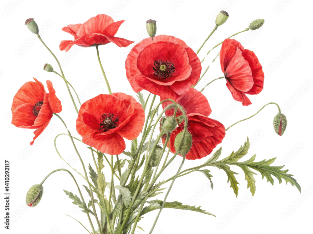 Naklejka premium Beautiful poppy flowers bloom vibrantly in stunning arrangement showcasing their delicate petals and lush green leaves