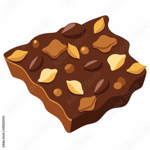 Chocolate bar topped with nuts, surrounded by scattered nuts on a light background.