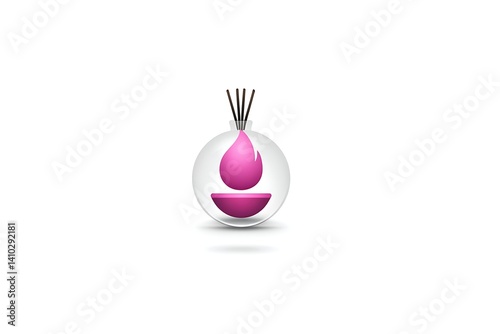 White glowing aroma sticks in jar with flame icon inside pink circle on white background, minimalist style
