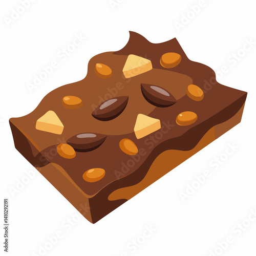Chocolate bar topped with nuts, surrounded by scattered nuts on a light background.