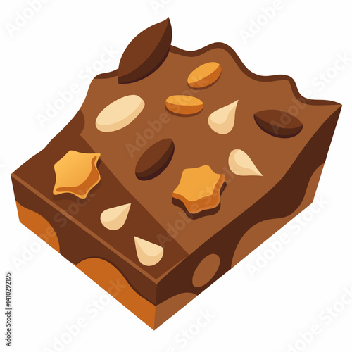 Chocolate bar topped with nuts, surrounded by scattered nuts on a light background.
