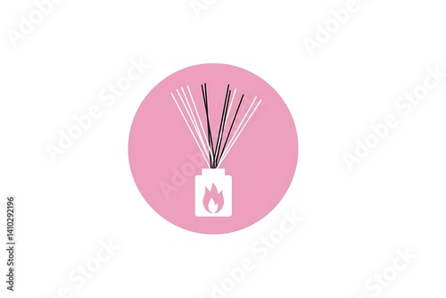 White glowing aroma sticks in jar with flame icon inside pink circle on white background, minimalist style