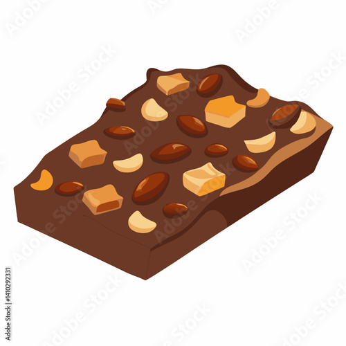 Chocolate bar topped with nuts, surrounded by scattered nuts on a light background.