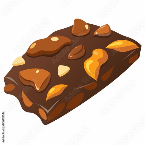 Chocolate bar topped with nuts, surrounded by scattered nuts on a light background.