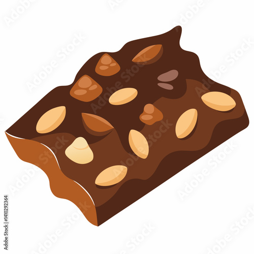 Chocolate bar topped with nuts, surrounded by scattered nuts on a light background.