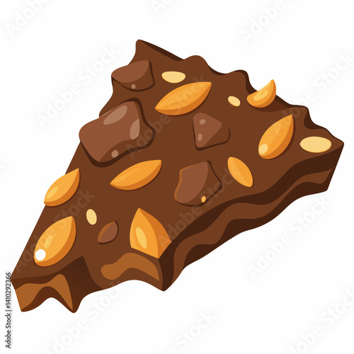 Chocolate bar topped with nuts, surrounded by scattered nuts on a light background.