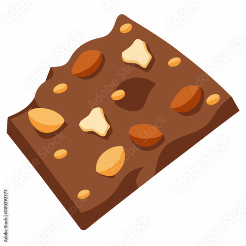 Chocolate bar topped with nuts, surrounded by scattered nuts on a light background.