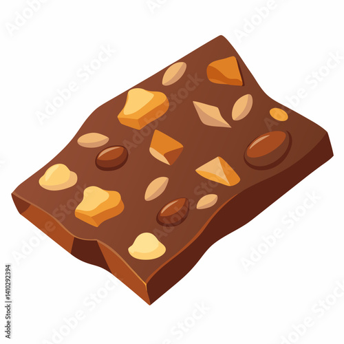 Chocolate bar topped with nuts, surrounded by scattered nuts on a light background.