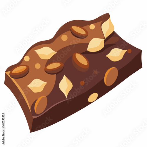 Chocolate bar topped with nuts, surrounded by scattered nuts on a light background.