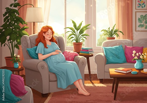 Relaxed pregnant woman enjoying a sunny day at home. photo
