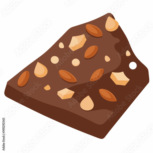 Chocolate bar topped with nuts, surrounded by scattered nuts on a light background.