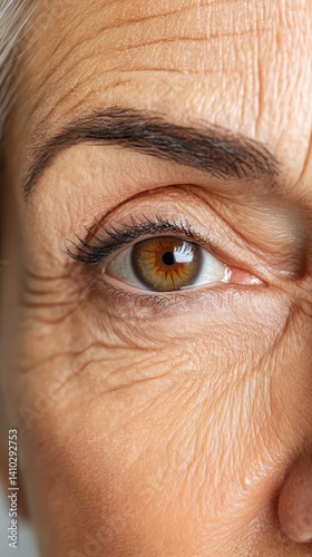 Elderly woman's eye revealing intricate wrinkles, age spots, demonstrating natural skin aging, wisdom, and beauty of advancing years