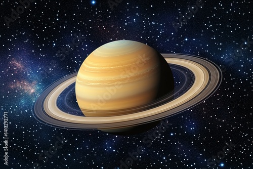 Ringed planet with layered yellow atmosphere and numerous rings in space amidst distant stars