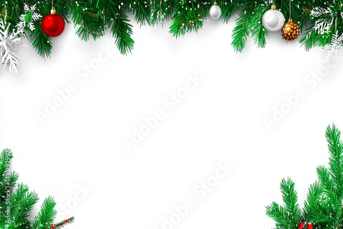 Festive frame with fir branches, ornaments, snowflakes creates a cheerful seasonal border. Ideal for holiday themed layouts
