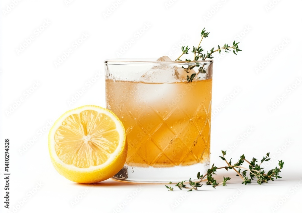 Refreshing, golden cocktail with lemon slice and thyme garnish Refreshing, golden cocktail with lemon slice and thyme garnish