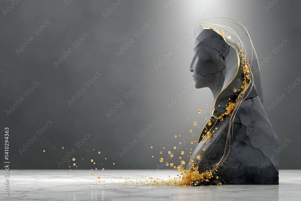 Obraz premium Abstract grey marble bust with gold accents and particles, profile view against dark background