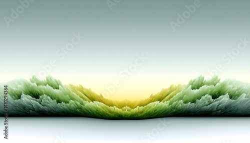 Abstract landscape with soft, green, and yellow hues, creating a symmetrical, serene scene