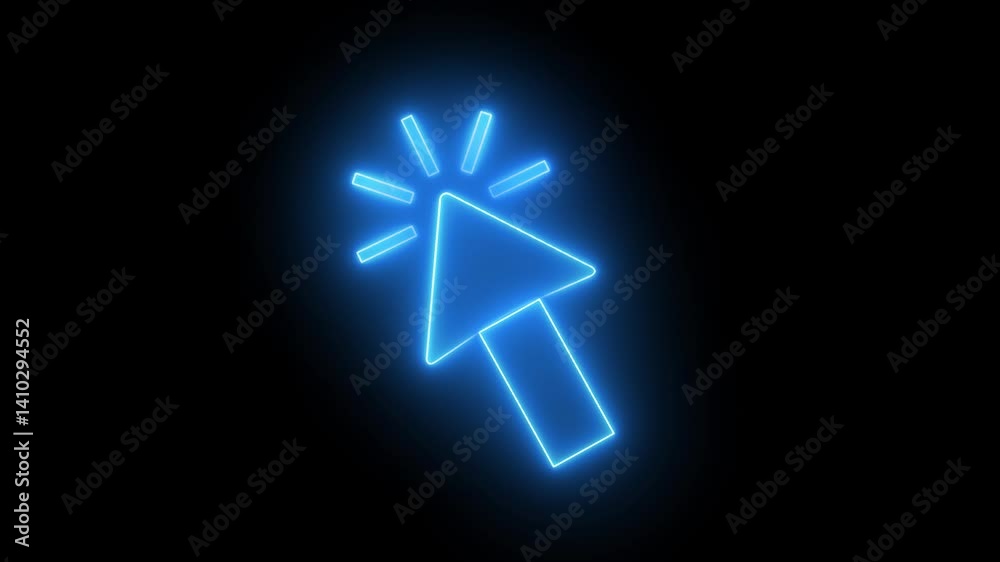 Glowing neon mouse cursor click icon animation on black background. Glowing neon mouse cursor click icon animation on black background.