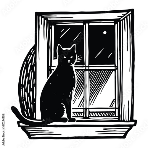 Black Cat Sitting at Window Silhouette Illustration