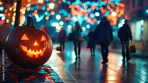 Spooky Halloween Night: Jack-o'-lantern on City Street