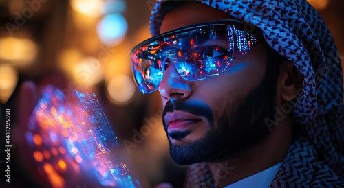 A man wearing futuristic augmented reality glasses is depicted