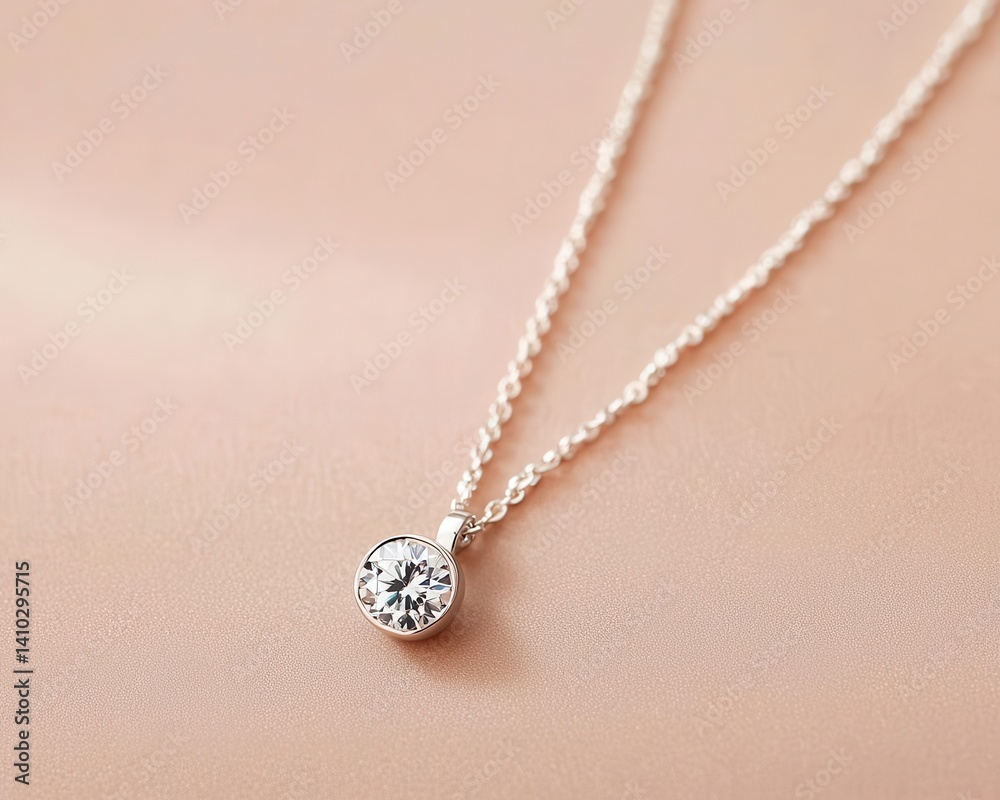 Fototapeta premium Sleek modern drop earrings with a long silver chain and a single diamond at the end, isolated on a matte taupe surface