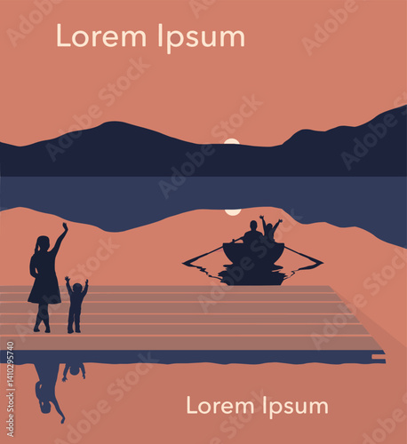 A family of four is seen enjoying a summer vacation in lake country at sunset. This is a vector  illustration.