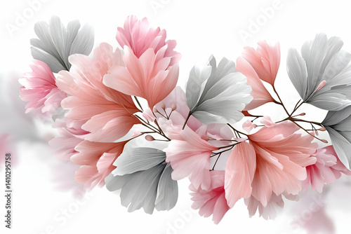 Delicate pink and grey stylized floral arrangement on white background