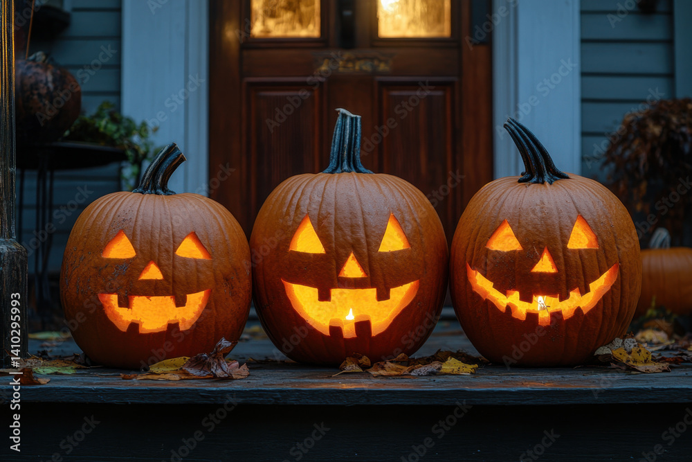 Fototapeta premium Three carved pumpkins on a porch with glowing candles inside, casting spooky shadows on Halloween night.