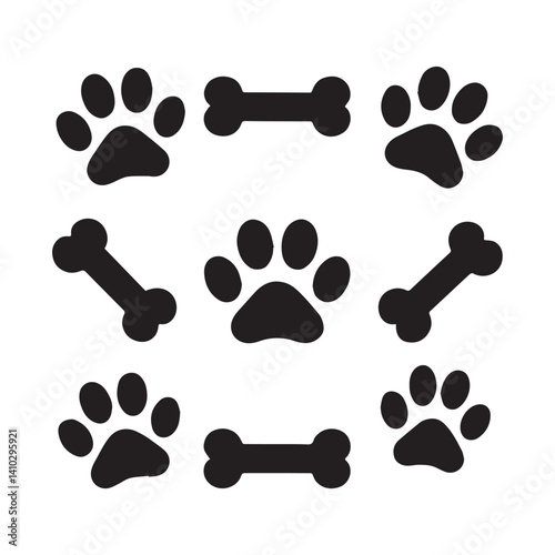 Paw and bone Icon Collection Paw and bone Icon Silhouette Set Paw print simple  white background