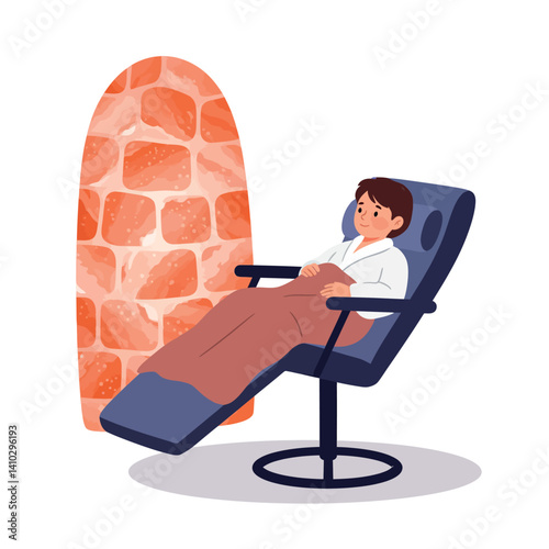 Relaxed man reclining on modern chair beside decorative stone wall in minimal vector illustration